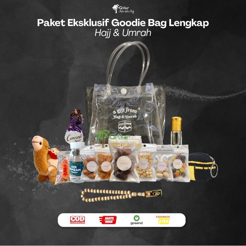 

Paket oleh oleh Haji Dan Umroh Eksklusif Tas Goodie Bag Totebag Transparan Lengkap series Gantungan Kunci Unta dan Kabah