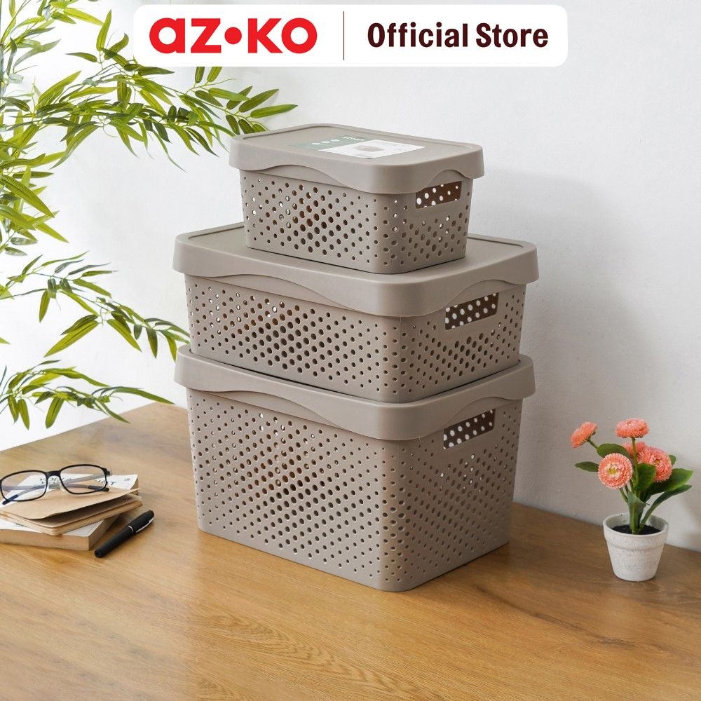 AZKO Stora Keranjang Penyimpanan Dengan Tutup Handle Storage Basket Kotak Penyimpanan Serbaguna Bin 