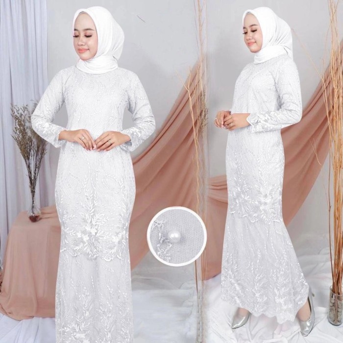 gamis duyung L elsinta putih Baju pesta brukat Maxi dress murah els at