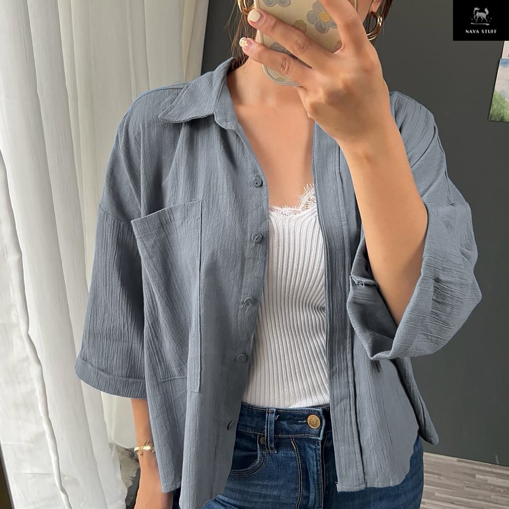 Mela Crop - Kemeja Wanita Crop Linen Crinkle Premium