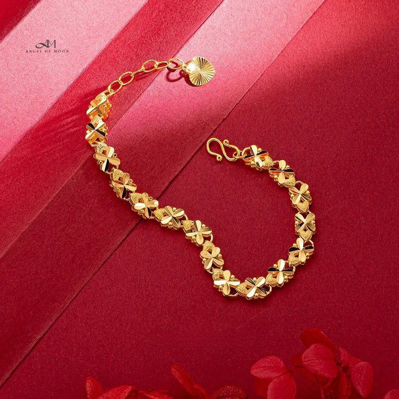 Gelang Wanita Elegan Daun Semanggi 4 Daun – Perhiasan Tangan Vintage Mewah Berlapis Emas 24K Bracele
