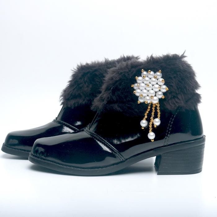 Sepatu Boots Bulu Untuk Anak Perempuan Fashion - Hitam, 26