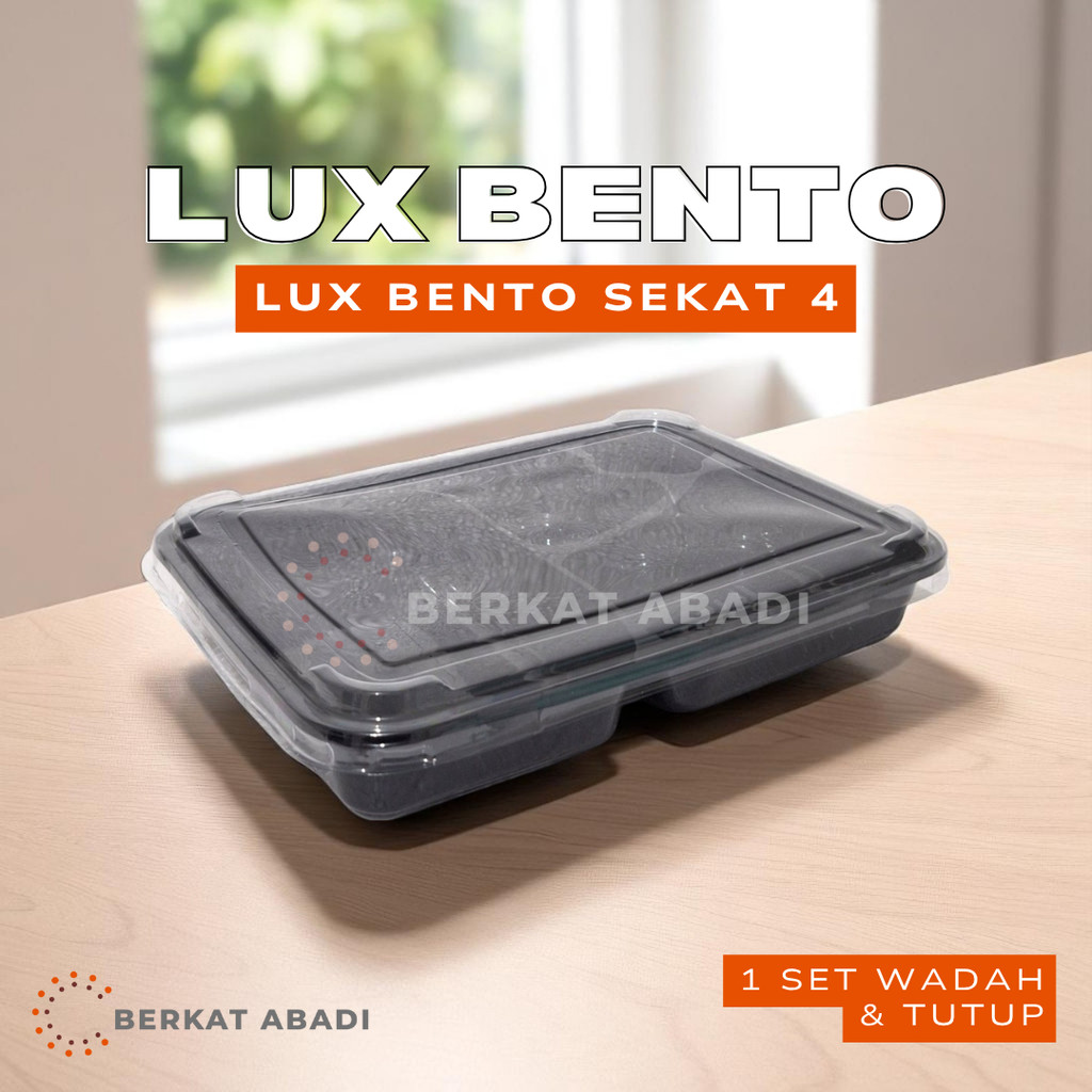 Mika Bento Sekat 4 LUX Termasuk Tutup - Tray Bento - Mika Bento Plastik - Sekat Hitam