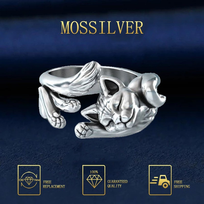 MOSSILVER Cincin Terbuka Kucing Hitam Vintage Perak Thailand Berlapis Perak 925