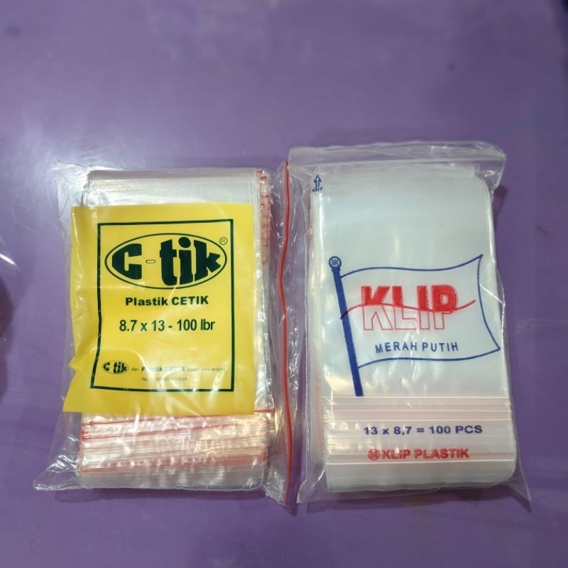 

plastik cetik/klip ukuran 8.7x13, isi 100 pcs
