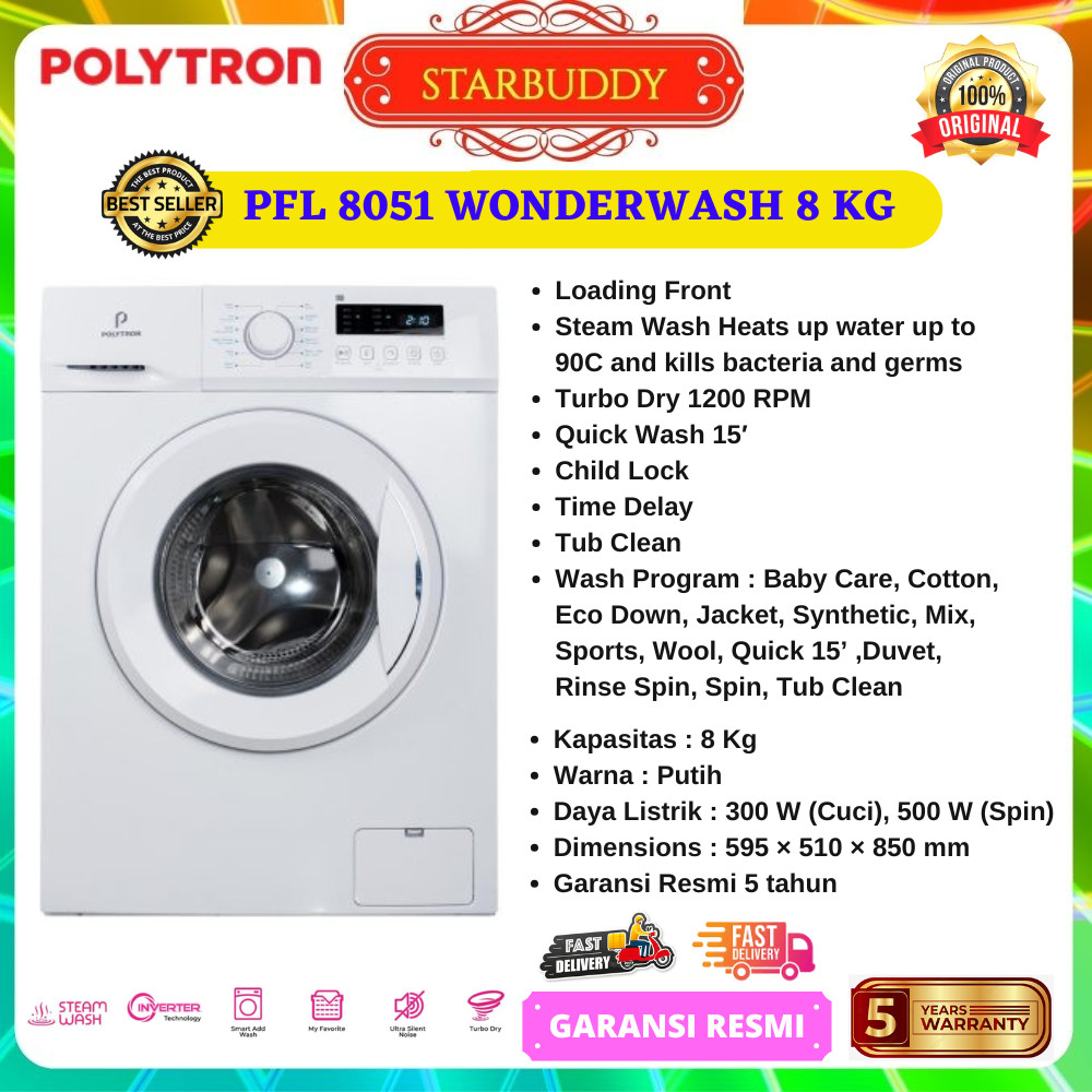MESIN CUCI POLYTRON PFL8051. PFL 8051 FRONT LOADING 8 KG