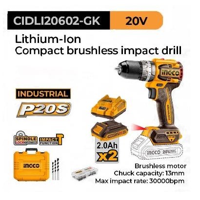 Mesin Bor Impact Drill Cordless 13mm Brushless INGCO CIDLI20602
