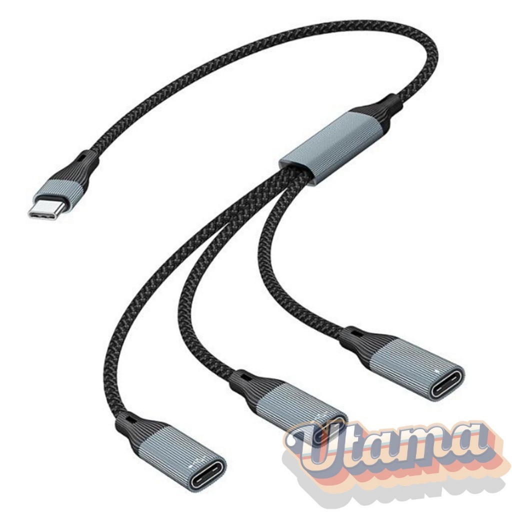 Usb & Type C Male Ke 3 Type C Female Adapter Trasmisi Data Pengisi Daya Kabel Converter Splitter Cab