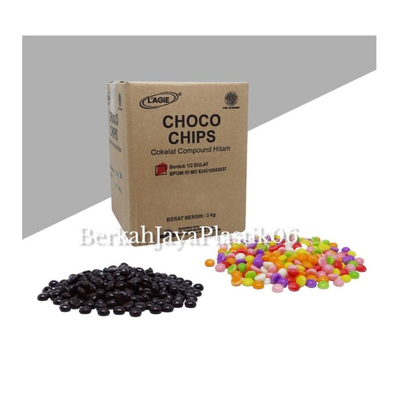 

Choco Chips Coklat Compound Hitam dan Rainbow Chips ½ Bulat 100 gram