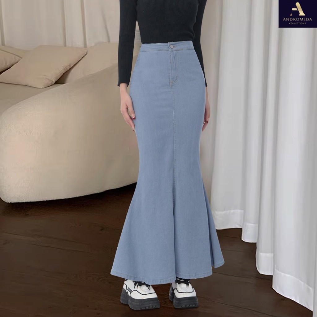 Wrap Buttocks Rok Skirt Wanita Thin Sweet High Waisted Fishtail Denim Skirt
