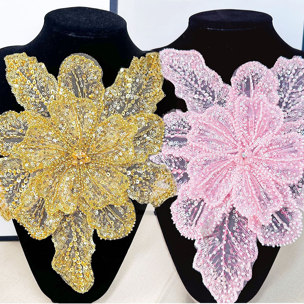 

1PC Sequin Beaded 3D Floral Lace Patches Multi Layered Applique Clothing Fabric Sewing Material DIY Handmade Shiny Evening Dress