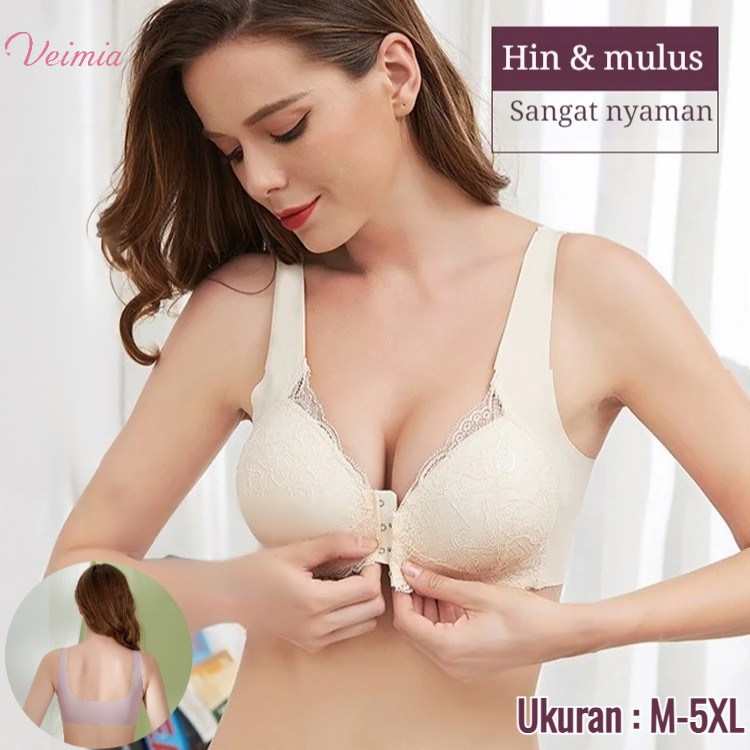 ✨Kirim Dalam 24 Jam✨Veimia-BH Bra Tanpa Kawat Gesper Depan Ukuran Besar/Renda Pakaian Dalam Punggung