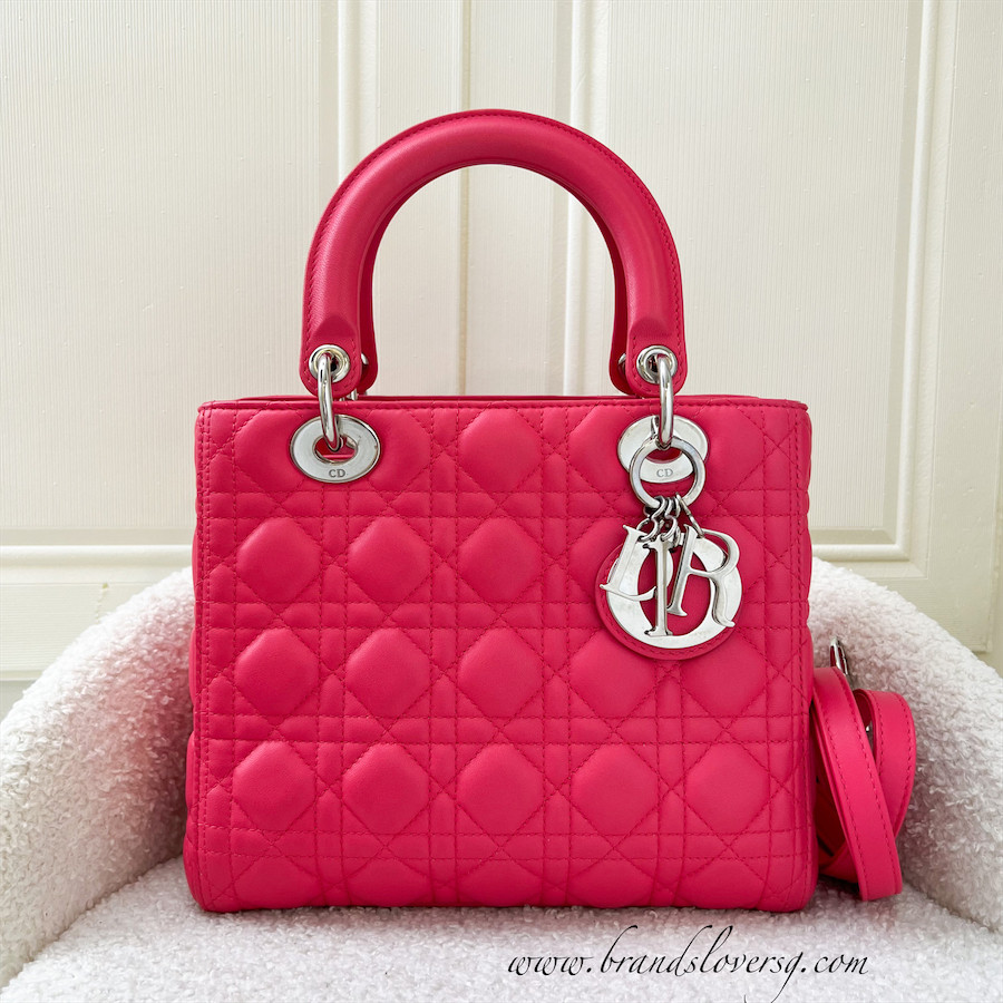 (Pre-loved) Dior Medium Lady Dior in Fuchsia Dark Pink Lambskin and GHW