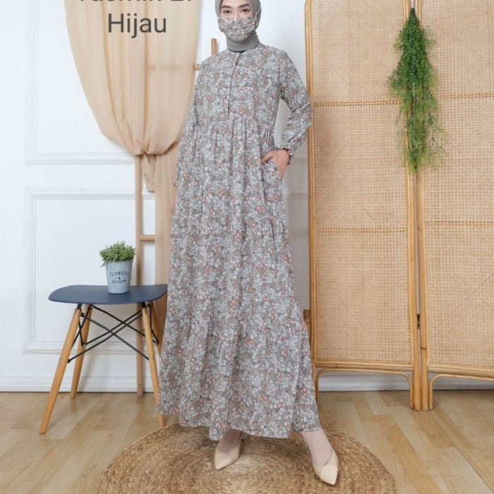 Gamis yasinta set masker dress ceruti cantik adem murah yasm 021 at - Hijau