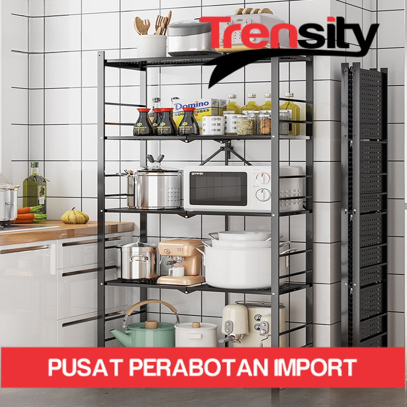 Rak Dapur Lipat Rak Lipat Portable Rak Besi 5 Susun Rak Dapur Serbaguna Roda Rak Penyimpanan *TRENSI