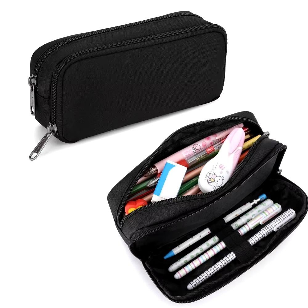 

Double Layered Portable Pen Bag Wear-resistant Zipper Students Pencil Case Oxford Cloth Solid Color Stationery Organizer