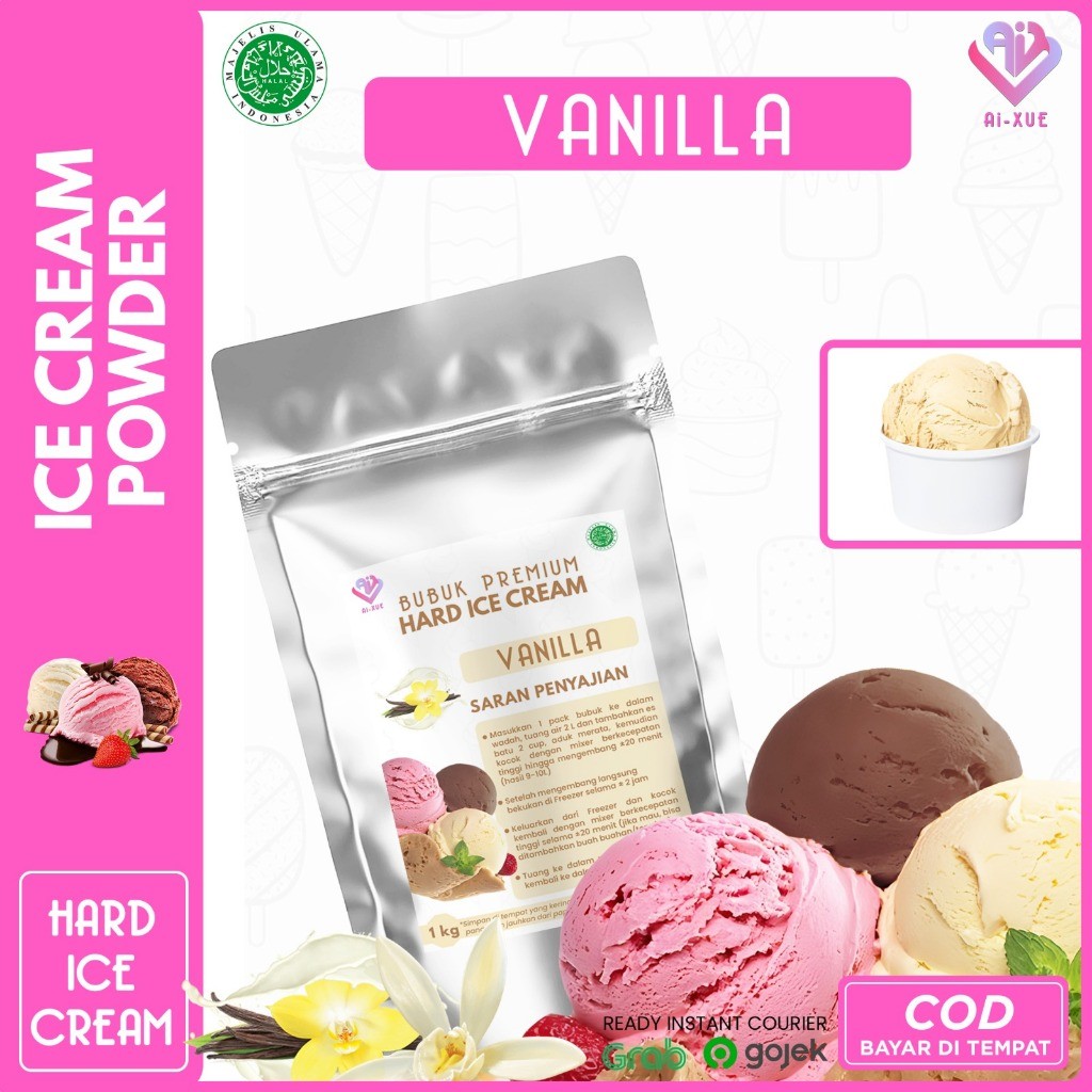 

Vanilla Hard Ice Cream Premium Powder / Bubuk Es Krim Premium Tanpa Mesin Halal Rasa Vanila 1Kg