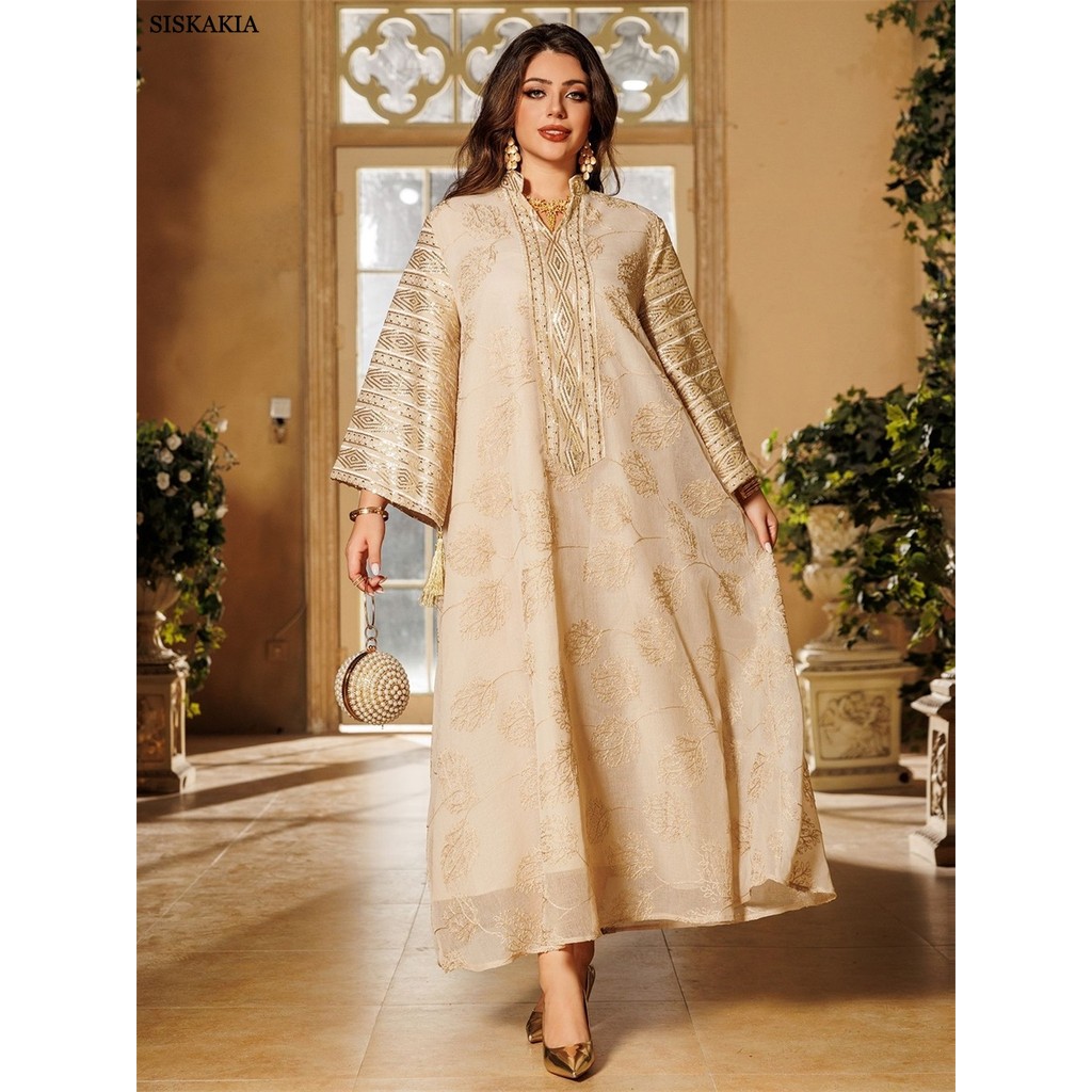 Siskakia Ramadan Dubai Embroidery Sequins Maxi Dress Dubai Casual Loose Abaya Muslim Woman Costume D