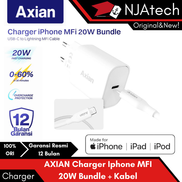 AXIAN Wall Charger 20W PD + Kabel iPhone MFi USB C to Lightning