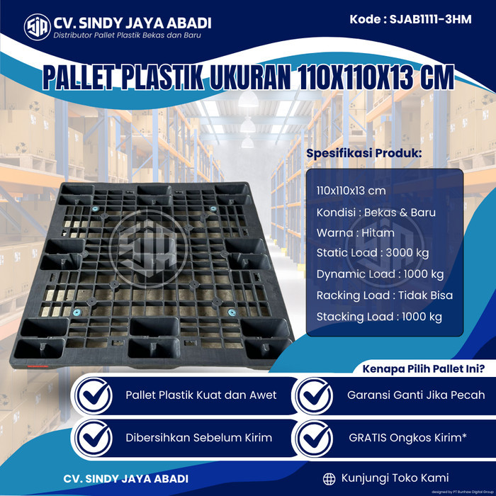 

Pallet Plastik Bekas Ukuran 110x110x13 cm - SJAB1111-3HM / Pallet Plastik Warna Hitam / Pallet Plastik Jaring