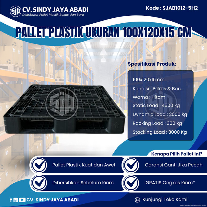 

Pallet Plastik Bekas Ukuran 100x120x15 cm - SJAB1012-5H2 / Pallet Plastik Warna Hitam / Pallet Plastik Jaring