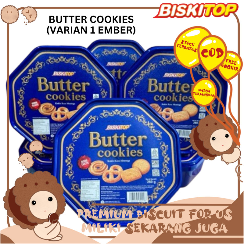 

BISKITOP - Butter Cookies 260G (Varian 1 Ember) Biskitop Timba Biru Segi Biskuit Manis Gurih Mentega Murah Anak Dewasa Hampers