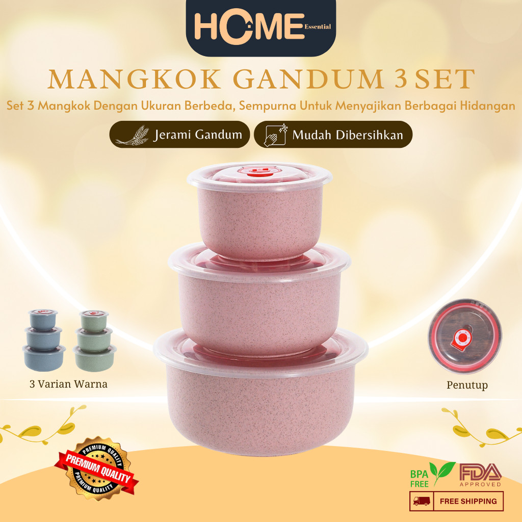 (HE) Home Essential Mangkok Gandum  Msegar  Tiga potong set dengan tutup rumah Microwave oven