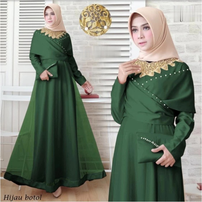 dress pesta gamis dealova hijau botol baju lebaran set dompet murah