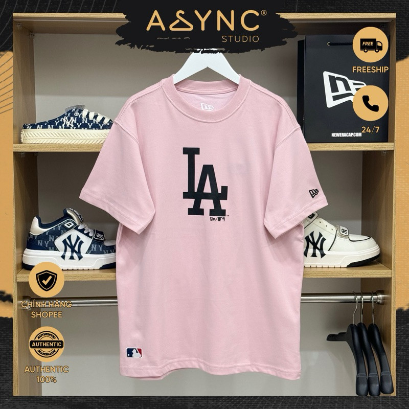 Kaos T shirt 100%cotton New Era x MLB LA Los Angeles Dodgers Basic Big Logo Pink T-Shirt