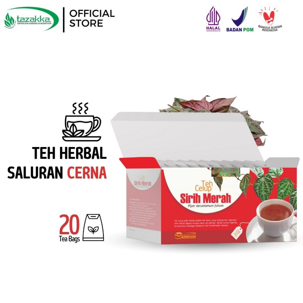 

TAZAKKA Teh Daun Sirih Merah Bubuk Isi 20 Kantung Celup Tea Bag Antiradang Minuman Kesehatan Herbal Original