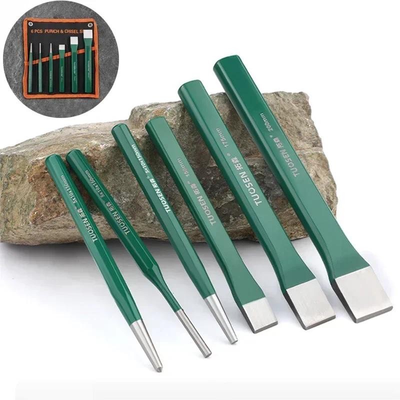 

6/12Pcs Professional Chrome Vanadium Steel Chisel Round Head Center Punch High Hardness Metal Stone Flat Chisels Hand Tool Set
