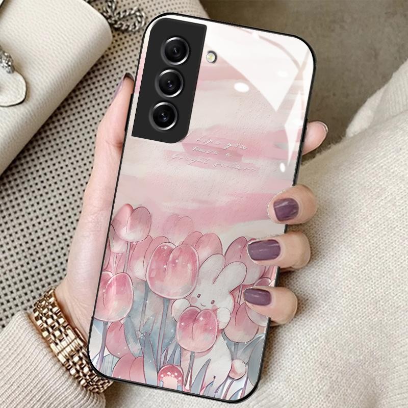 Case For Samsung S21 FE 5G S21 5G S21 Plus S21 Ultra HD Tempered Glass Hard Cute Flower Sea Silicone