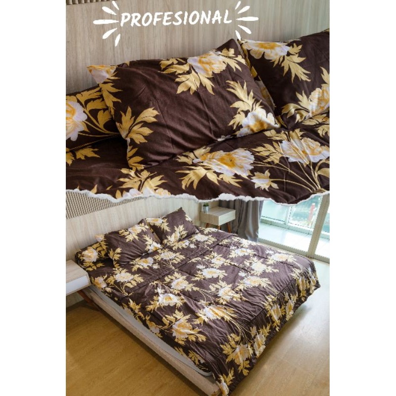 Bedcover FullSet Motif Brown Lily - Bunga - Coklat - 160*200 180*200 200*200 profesional
