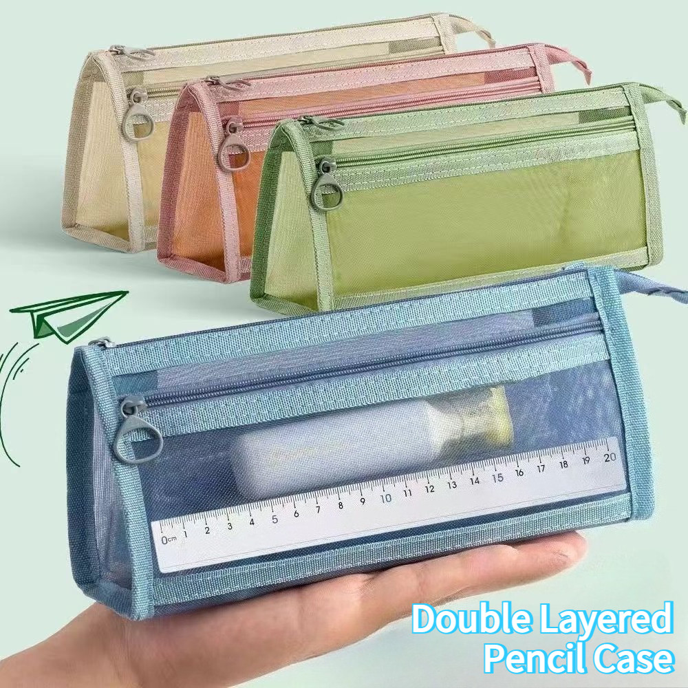 

Large Capacity 2 Layers Pen Box Transparent mesh pencil case Cute Pen Holder Pouch Students Back to School Stationery Supplies