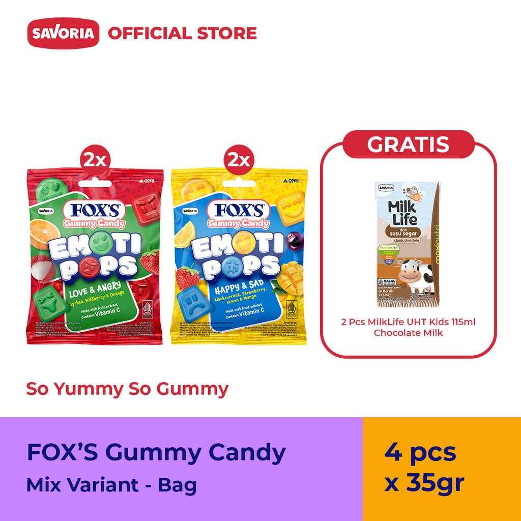 

FOX'S Gummy Candy EmotiPops Mix Variant 4 Pcs x 35g Gratis MilkLife Kids 2 Pcs x 115ml