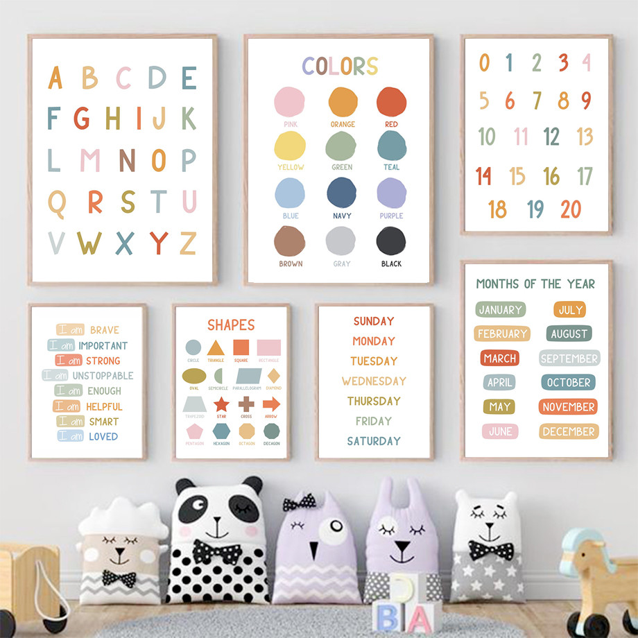 

English Education Poster Alphabet Number Color Shape Wall Art Prints Canvas Painting Wall Pictures Kids Bedroom Classroom Decor