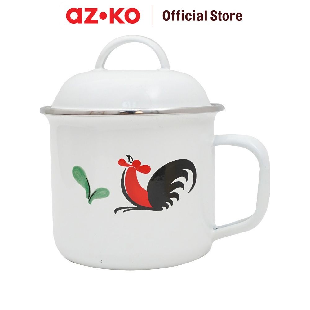 AZKO Kichero 12 cm Mug Enamel Dengan Tutup Kukuruyuk - Putih Gelas Minum Tea Cangkir Kopi Wadah Minu