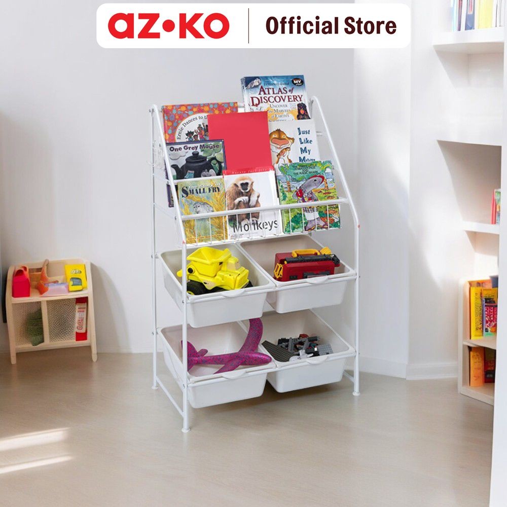 AZKO Stora Rak Buku Anak Dengan 4 Tray Plastik - Putih Bookshelf Books Storage Cabinet Kabinet Tempa