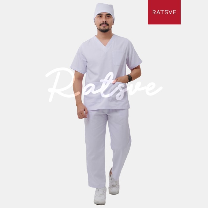 laris -Baju Jaga Perawat / Setelan Baju OK Medis Lengan Pendek / Scrub Dokter Ratsve - Warna Putih -
