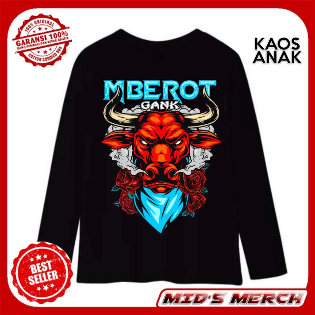 MM - Baju Kaos Bantengan Mberot Gank Malang Jaranan Barongan Lengan Panjang  Anak 1-14 Tahun Laki Pr