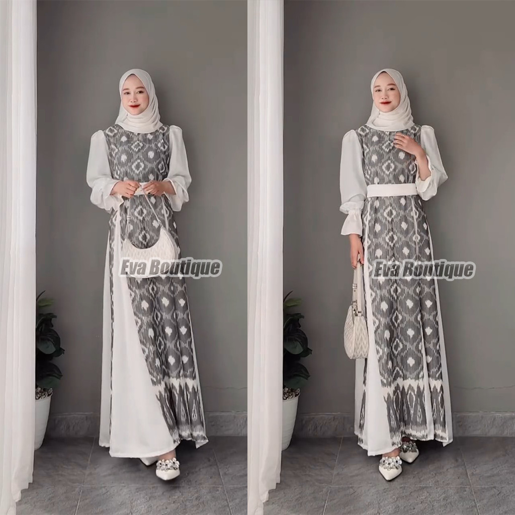 EVA BOUTIQUE - Shinta Dress Gamis Tenun Etnik Premium Remaja Wanita Mewah Kekinian Kombinasi Kondang