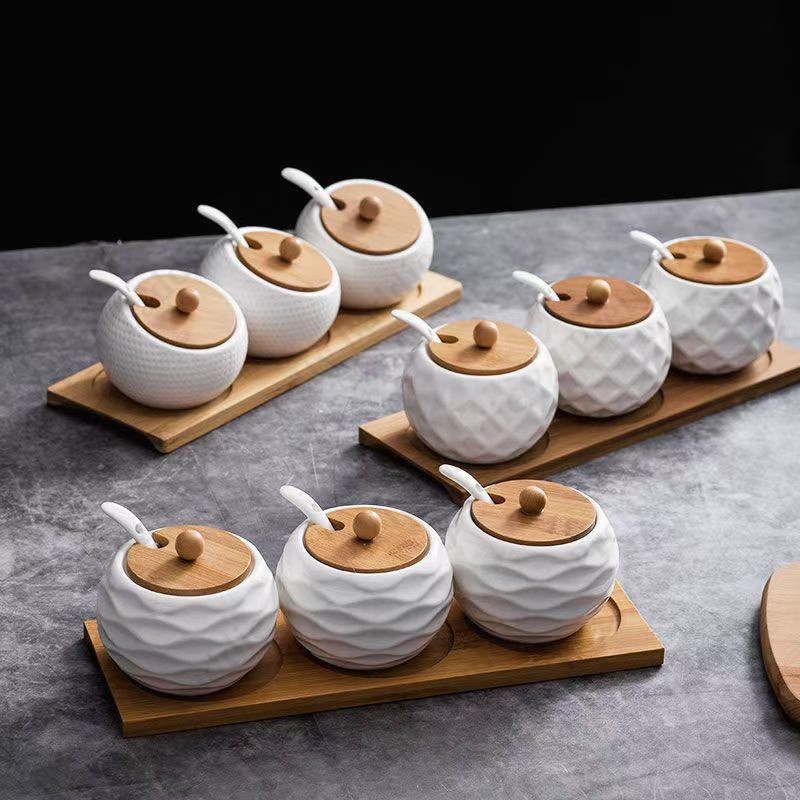 Toples Penyimpanan Bumbu Dapur, Set Toples Bumbu Dapur Keramik Combo Jar, Set 3 Buah 3 Toples + 1