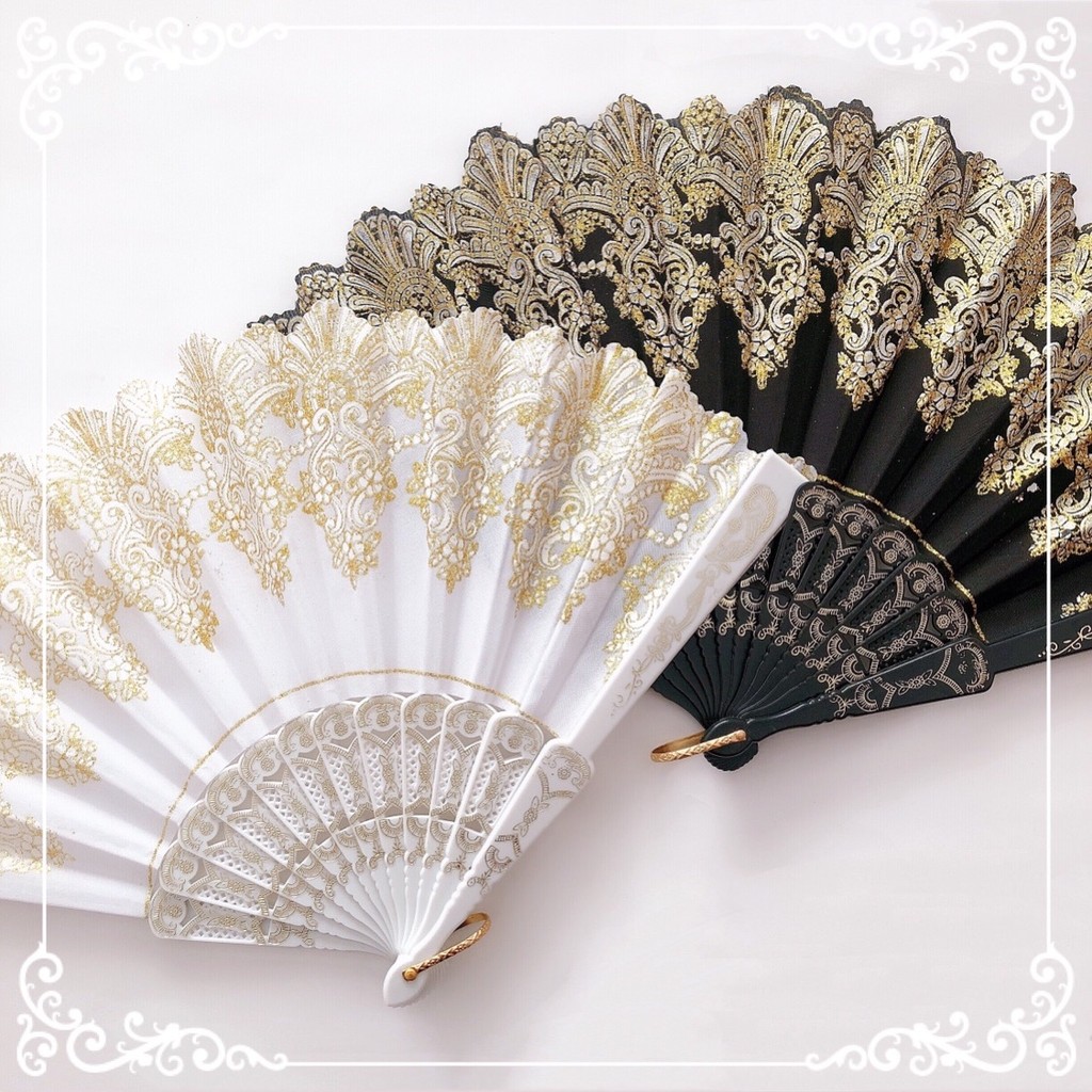 Japanese Style Lolita Black White Bronze Gold Lace Retro Matching Dress Lolita Dress Fan Folding Fan