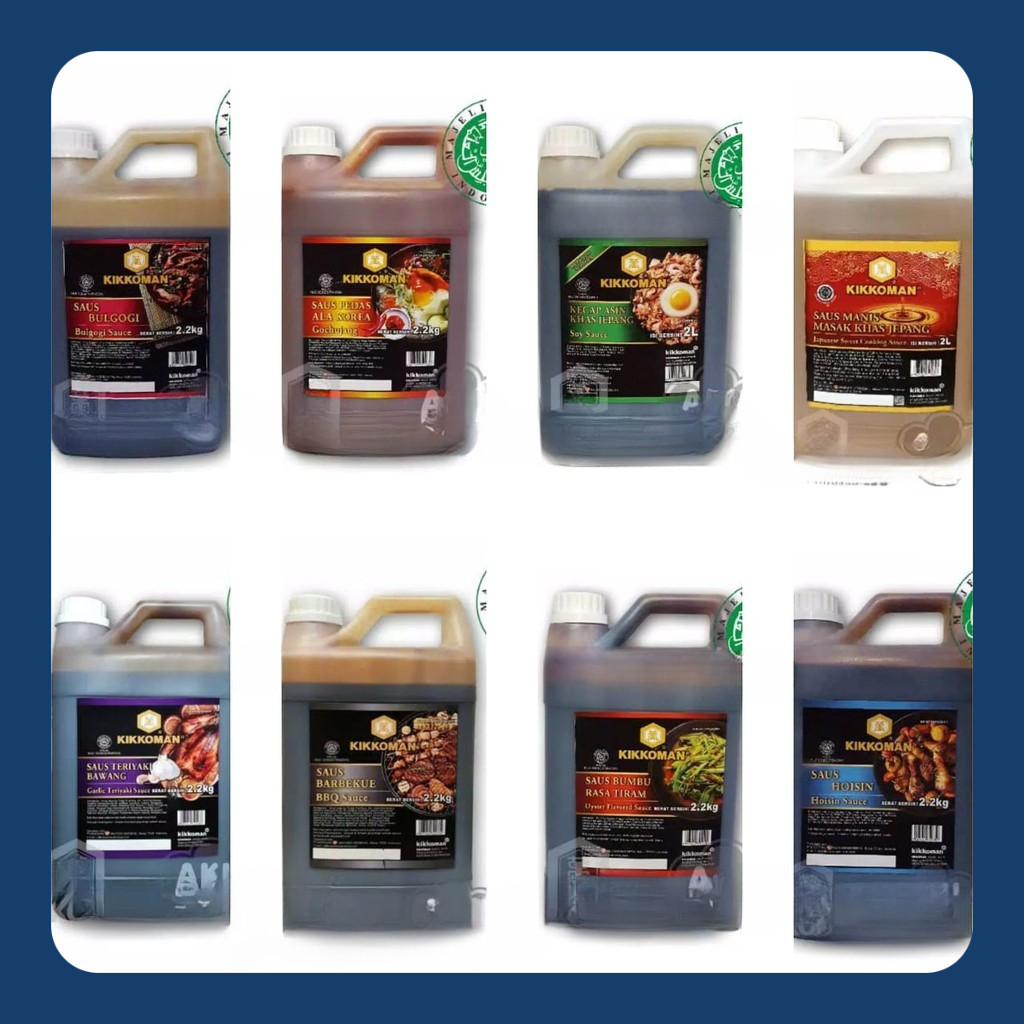 

Saus Kikkoman Jerigen 2L / 2.2KG All Variant Halal MUI Bulgogi Gochujang Garlic Teriyaki Soy Mirin Hoisin Black Pepper Lada Hitam BBQ Oyster Katsu Ponzu Vinegar