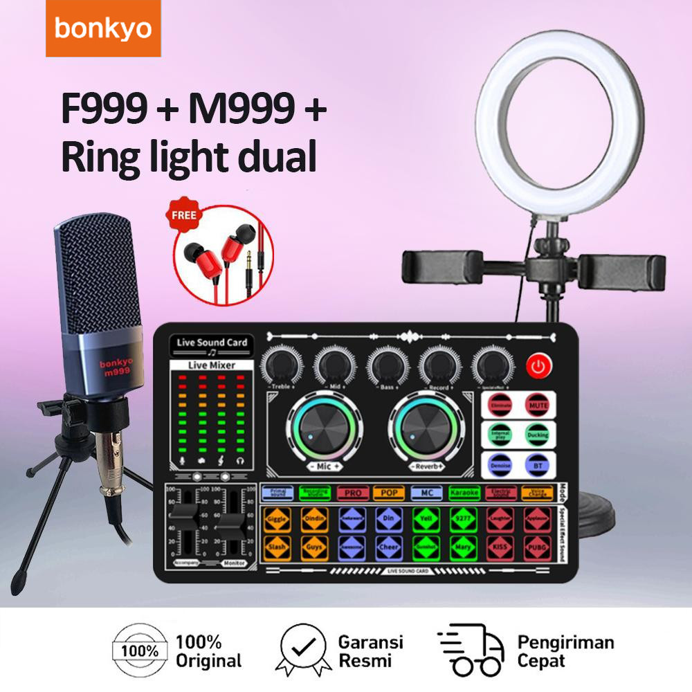 Bonkyo F999 Sound card + M999 mikrofon + lampu isi Peralatan audio set lengkap mikrofon kartu suara 