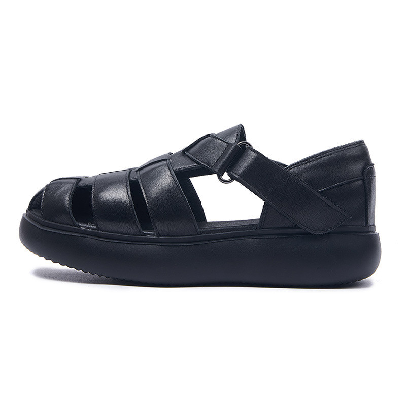 Sepatu Musim Semi Musim Panas Sandal Romawi Mewah Baru Sol Tebal Pria Retro Kulit Sapi Tenun Velcro 