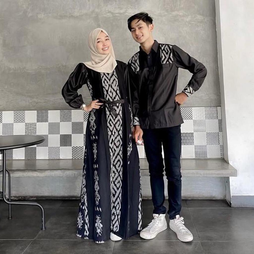 Dress Batik Ethnic Tenun Troso Set Couple Kondangan Mewah Elegan Baju Gamis Polos Kombinasi Pasangan