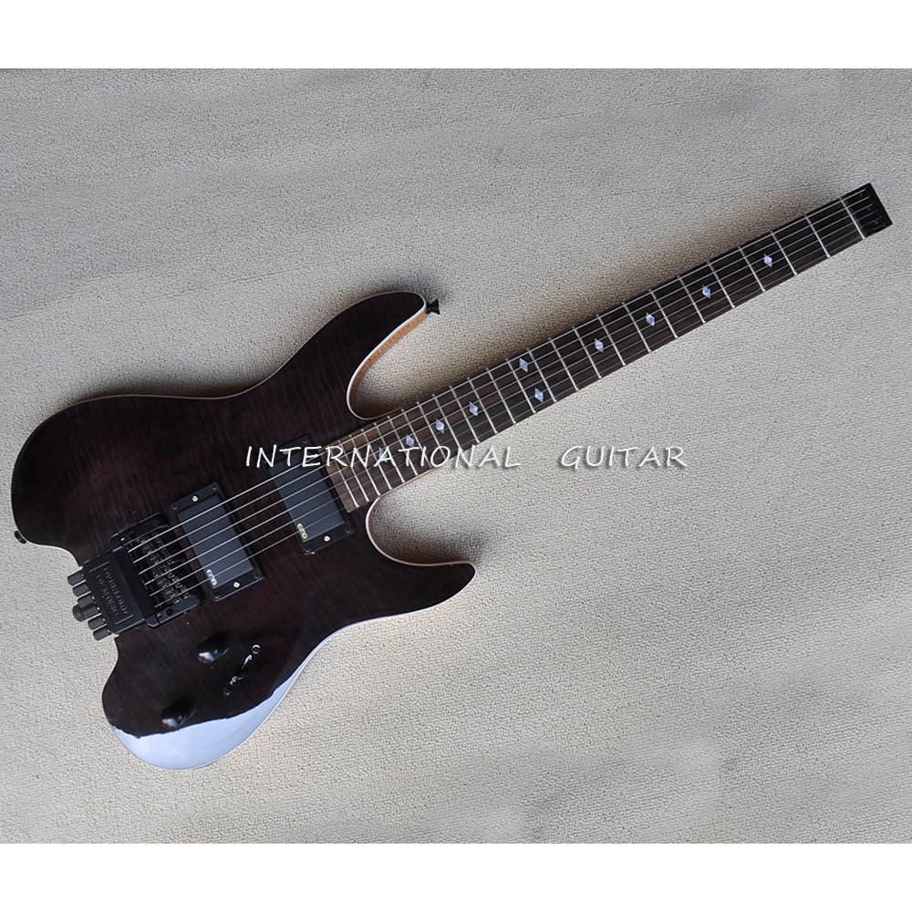6 Strings Black Headless Electric Guitar with Flame Maple Veneer,24 Frets,Rosewood Fretboard,Flame M