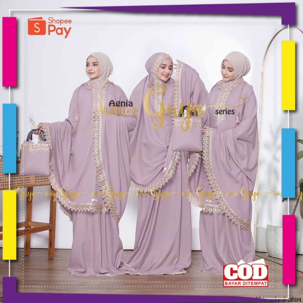 [PREMIUM ORIGINAL] Mukena resleting Dewasa 2in1 Katun Polos renda AgniaSeries