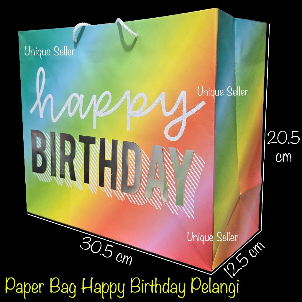 

Paper Bag Goodie Hand Bag Tas Kertas Kado Souvenir Hadiah Acara Ulang Tahun Ultah Happy Birthday Pelangi Glitter 30.5x12.5x20.5 cm / Tas Hadiah Kado Souvenir Acara Ulang Tahun Ultah Happy Birthday Warna Warni Gliter / Tas Kertas Tali Paper Bag Tali